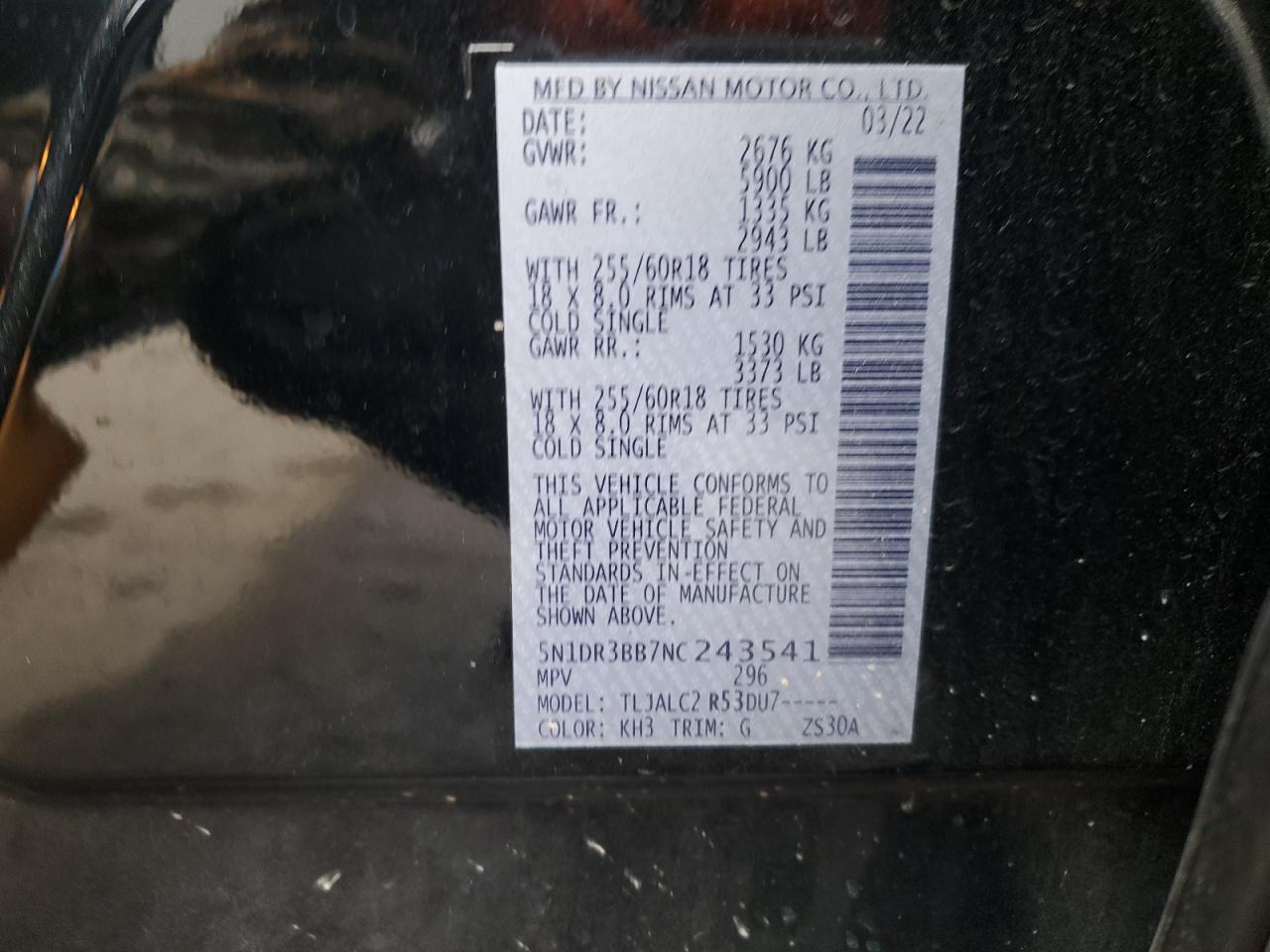 2022 NISSAN PATHFINDER SV VIN:5N1DR3BB7NC243541