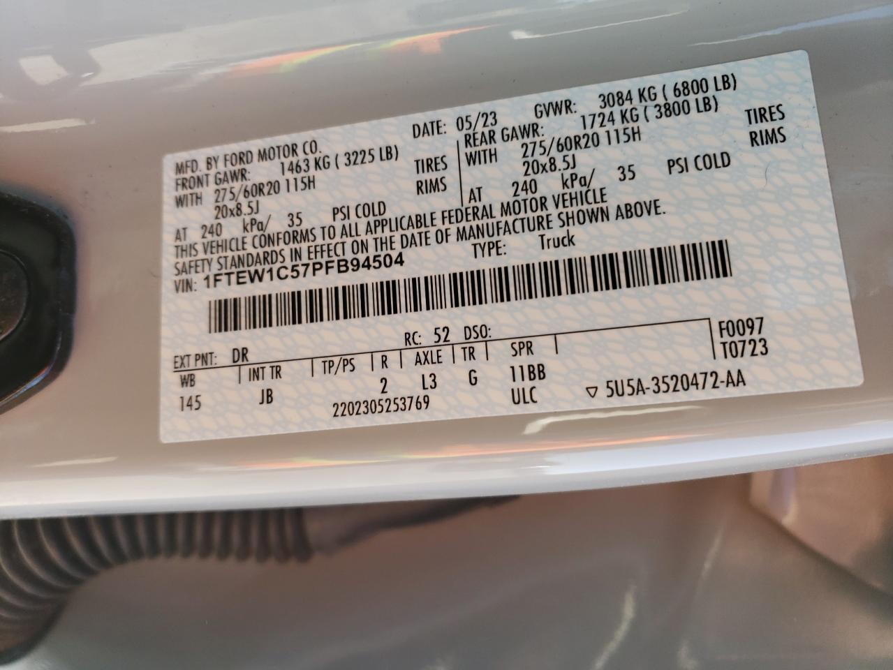2023 FORD F150 SUPERCREW VIN:1FTEW1C57PFB94504