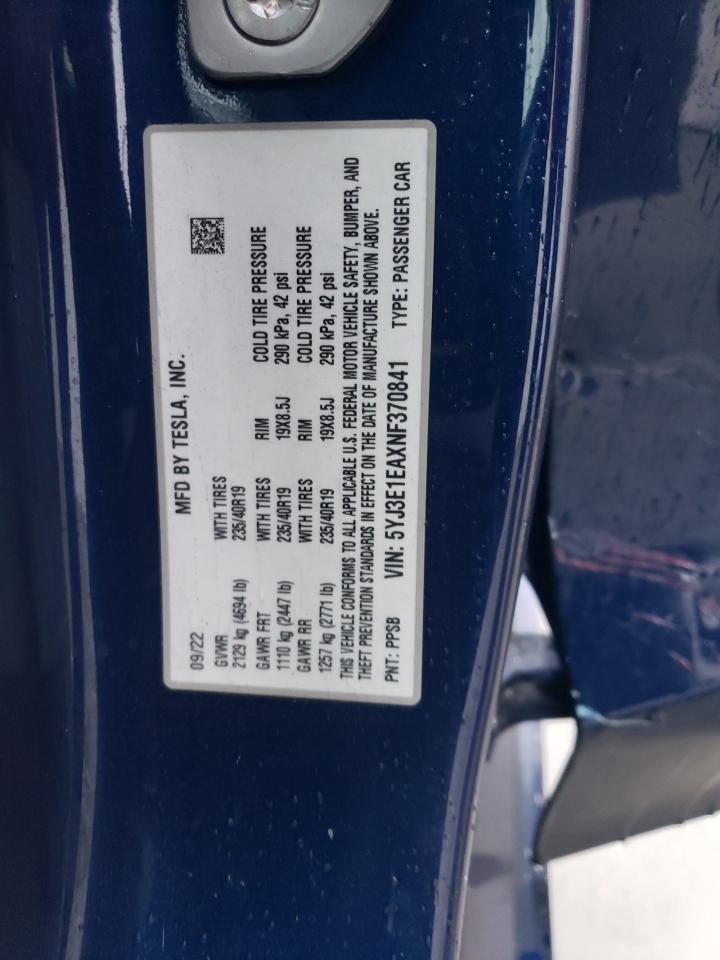 2022 TESLA MODEL 3 VIN:KNDJP3A52J7558114