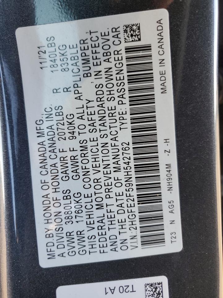 2022 HONDA CIVIC SPORT VIN:2HGFE2F59NH542762