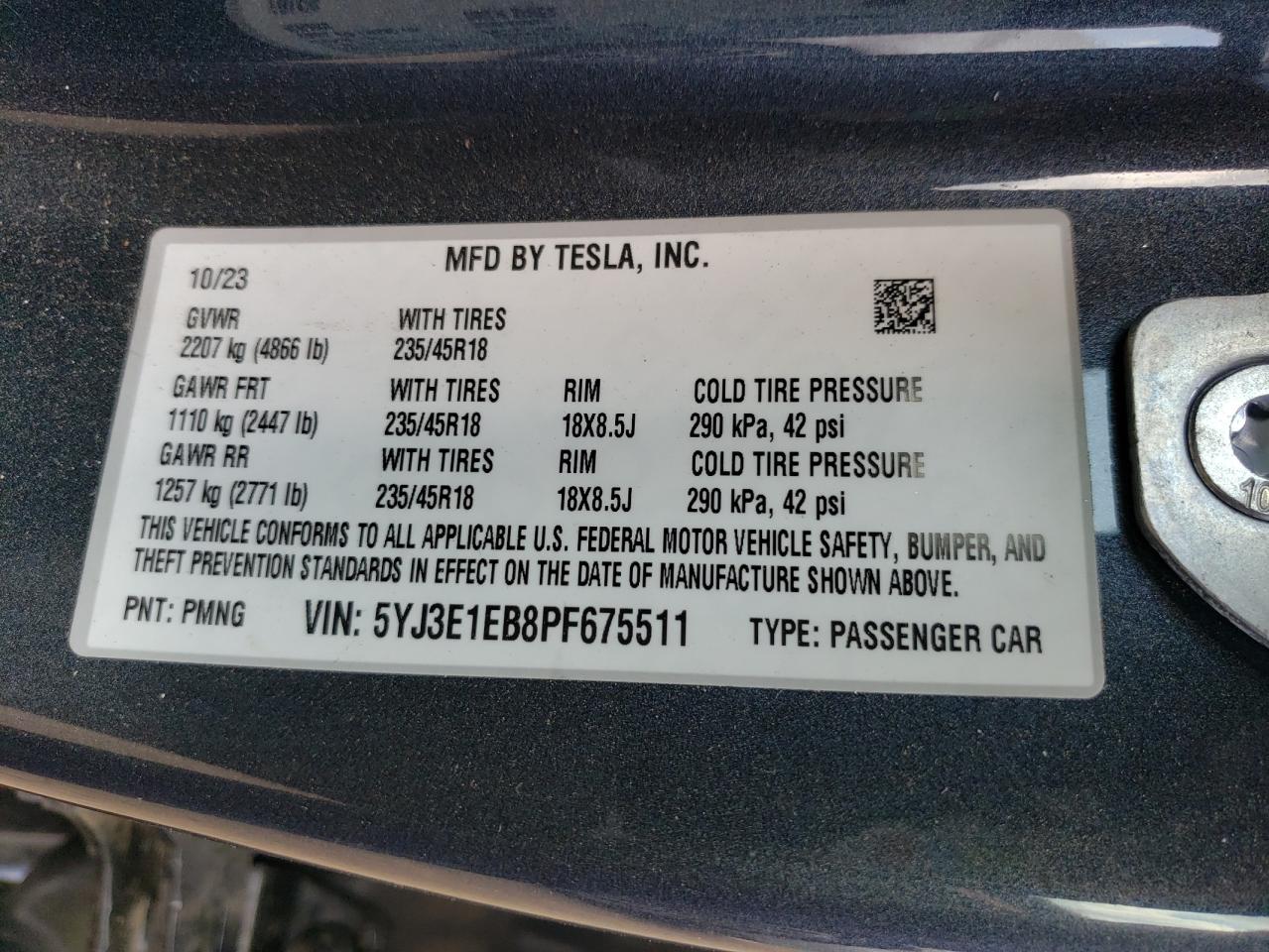 2023 TESLA MODEL 3 VIN:5YJ3E1EB8PF675511