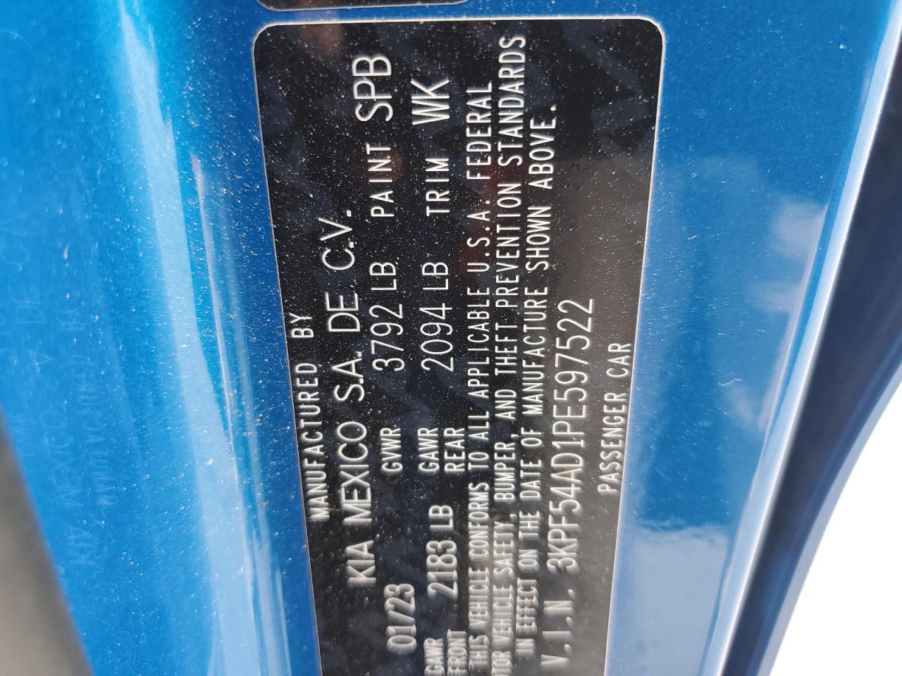 2023 KIA FORTE GT LINE VIN:3KPF54AD1PE597522