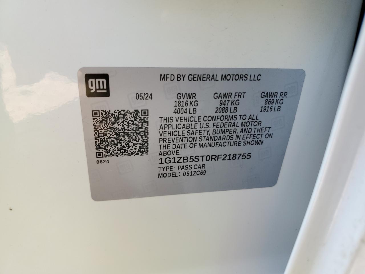 2024 CHEVROLET MALIBU LS VIN:1G1ZB5ST0RF218755