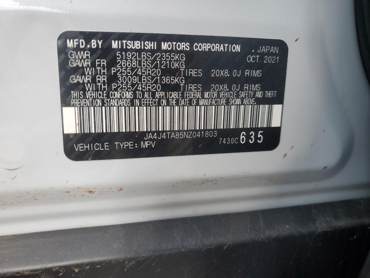 2022 MITSUBISHI OUTLANDER ES VIN:JA4J4TA85NZ041803