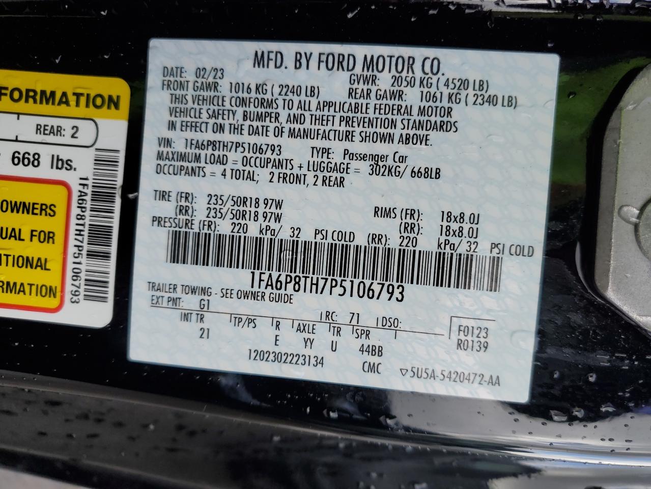 2023 FORD MUSTANG VIN:1FA6P8TH7P5106793