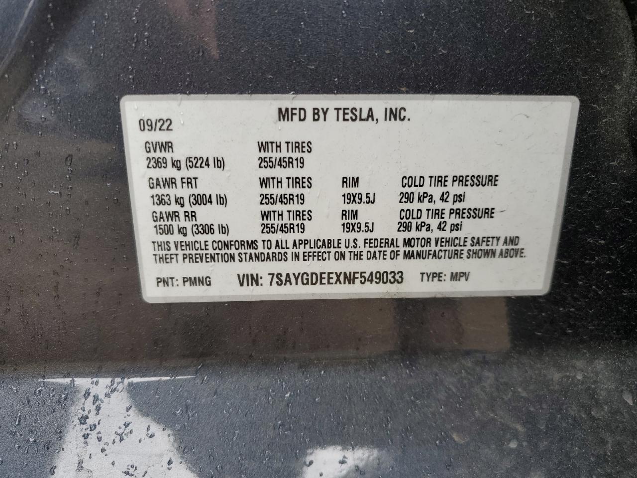 2022 TESLA MODEL Y VIN:7SAYGDEEXNF549033
