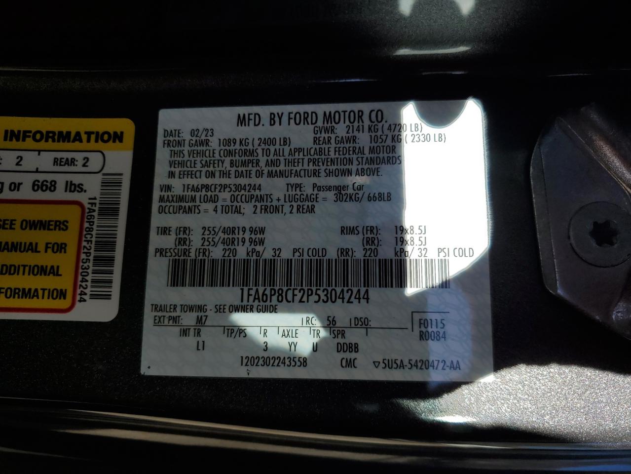 2023 FORD MUSTANG GT VIN:1FA6P8CF2P5304244