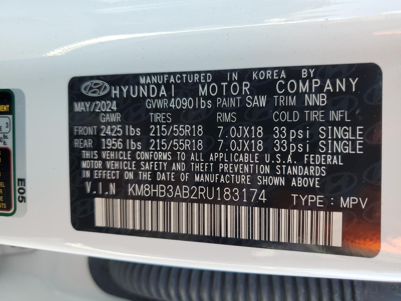 2024 HYUNDAI KONA SEL VIN:KM8HB3AB2RU183174