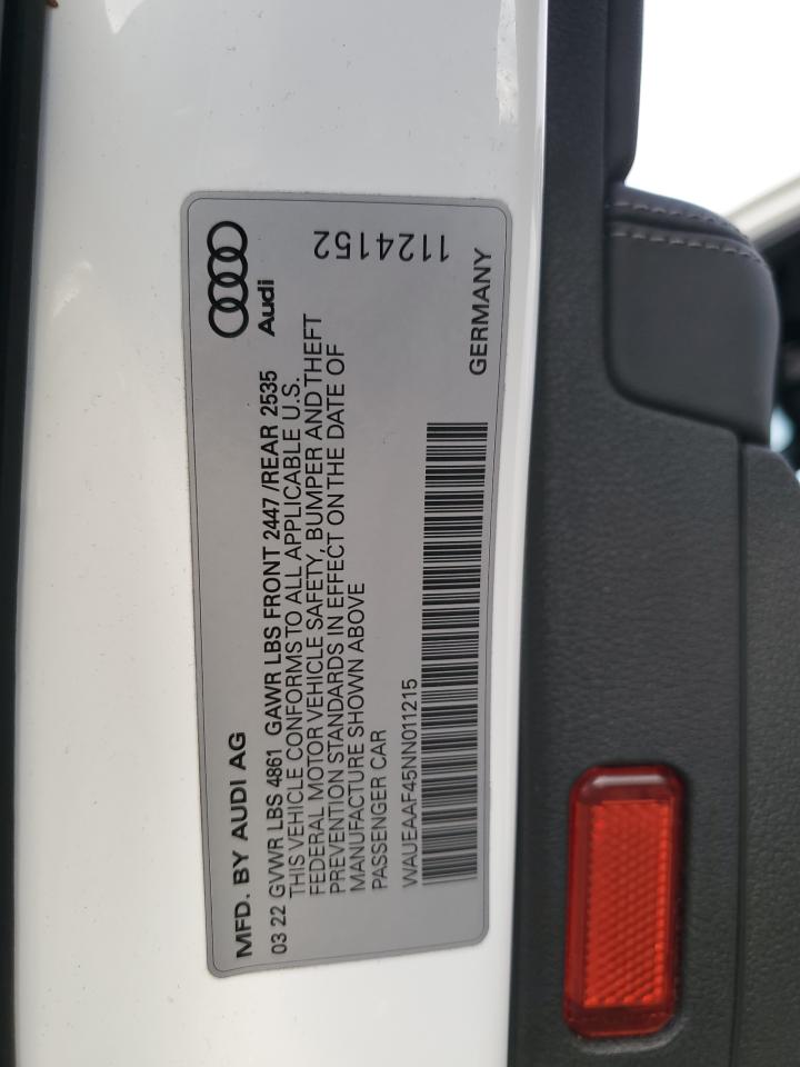 2022 AUDI A4 PREMIUM PLUS 45 VIN:WAUEAAF45NN011215