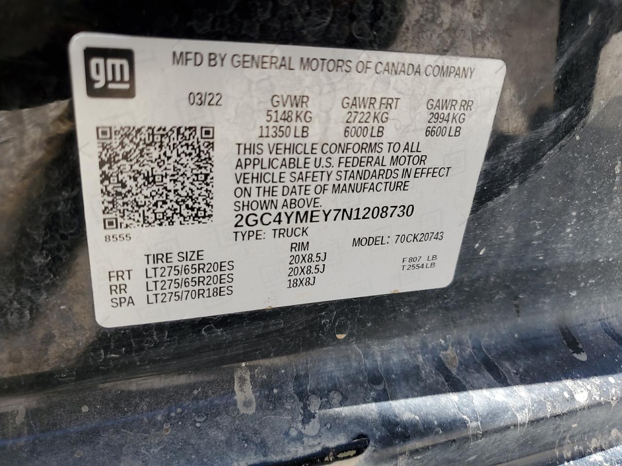 2022 CHEVROLET SILVERADO K2500 CUSTOM VIN:2GC4YMEY7N1208730