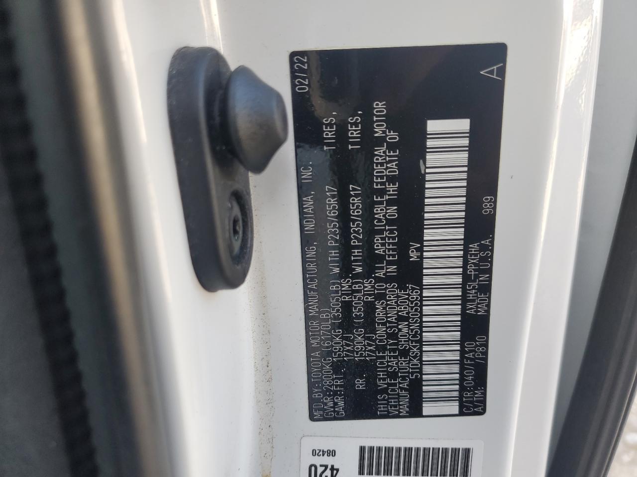 2022 TOYOTA SIENNA LE VIN:5TDKSKFC5NS055967