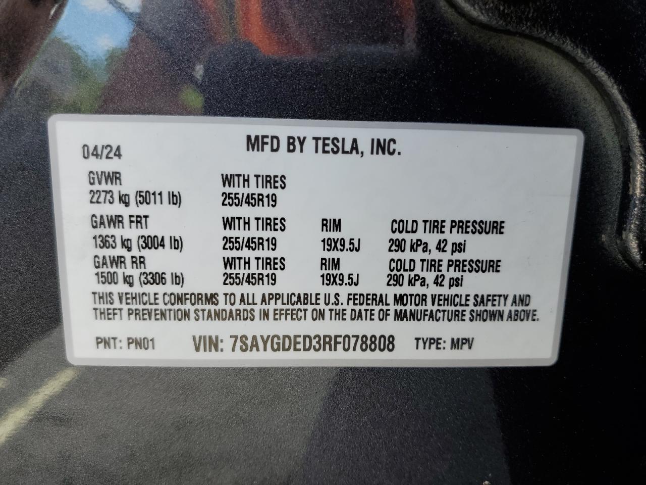 2024 TESLA MODEL Y VIN:7SAYGDED3RF078808