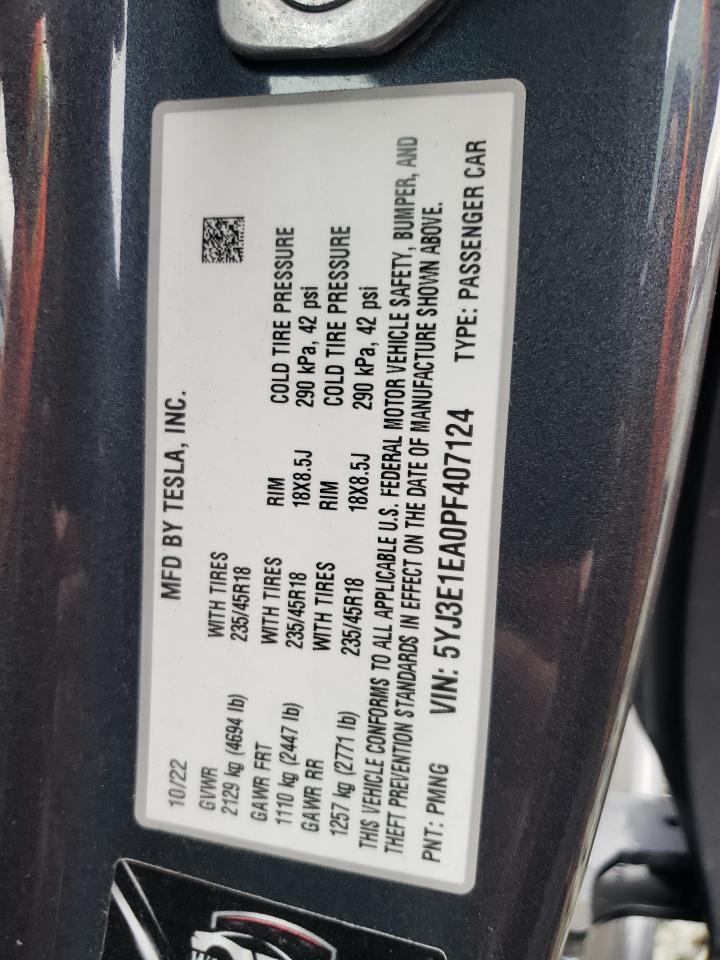 2023 TESLA MODEL 3 VIN:5YJ3E1EA0PF407124