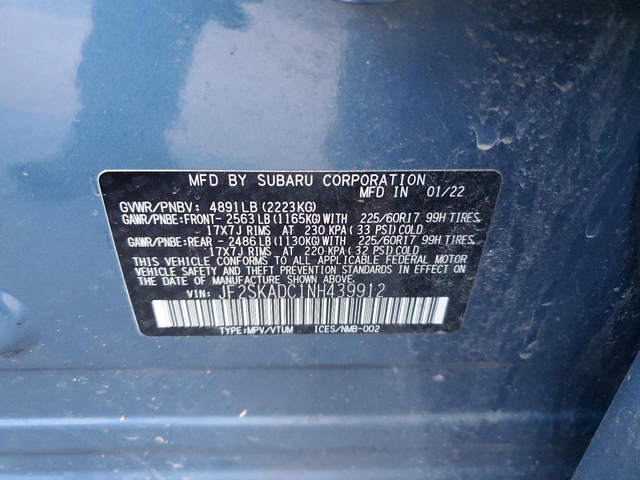 2022 SUBARU FORESTER PREMIUM VIN:JF2SKADC1NH439912