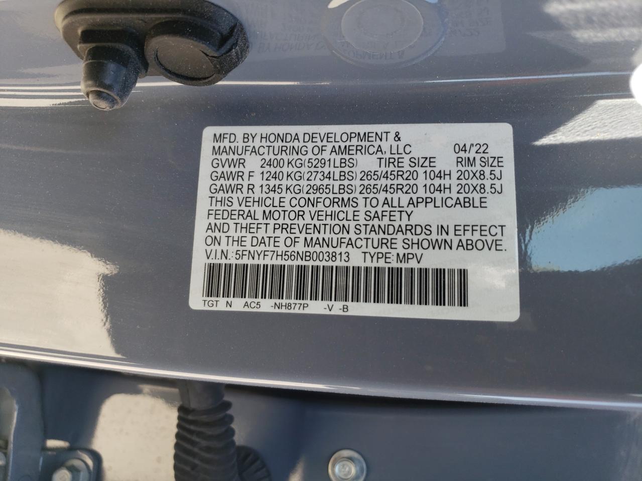 2022 HONDA PASSPORT EXL VIN:5FNYF7H56NB003813