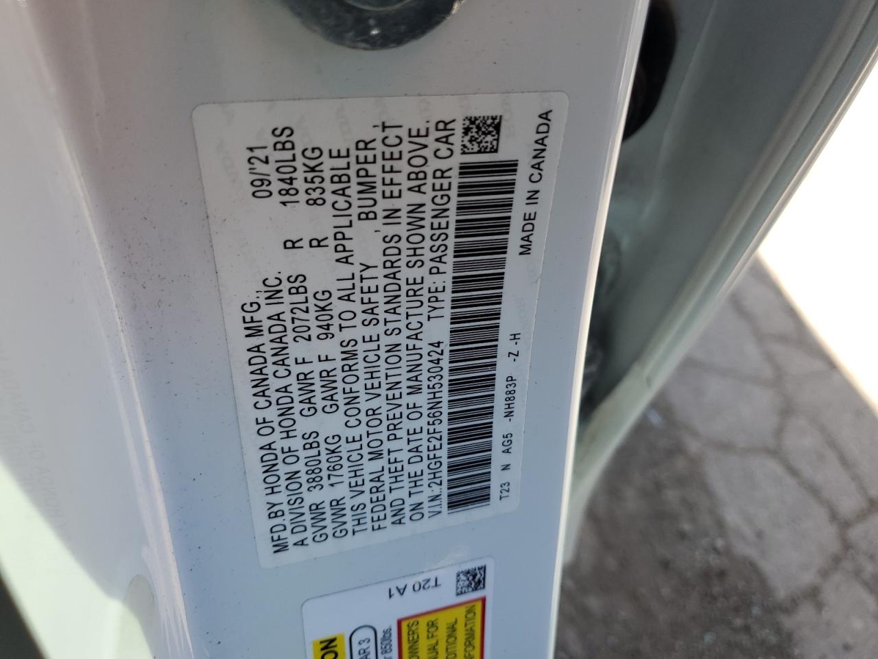 2022 HONDA CIVIC SPORT VIN:2HGFE2F56NH530424