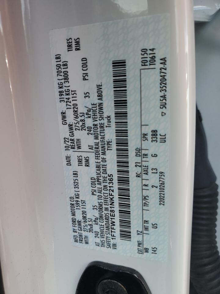2022 FORD F150 SUPERCREW VIN:1FTFW1E81NKF21365