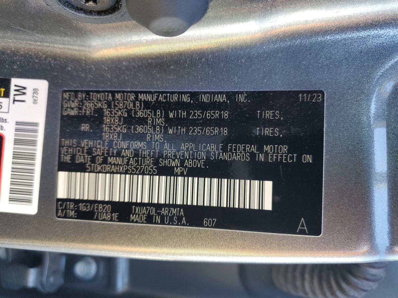 2023 TOYOTA HIGHLANDER L VIN:5TDKDRAHXPS527055