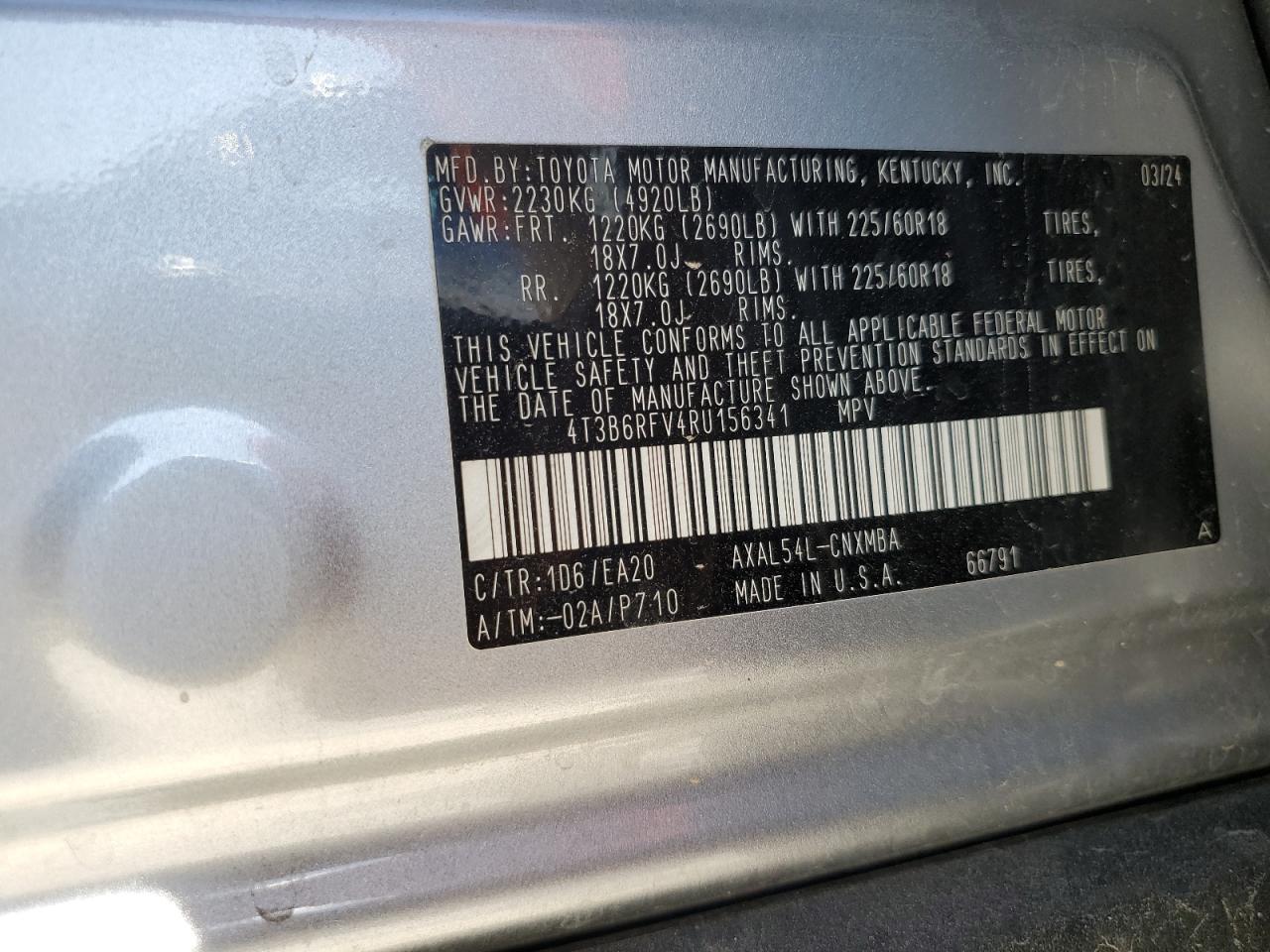 2024 TOYOTA RAV4 XLE PREMIUM VIN:4T3B6RFV4RU156341