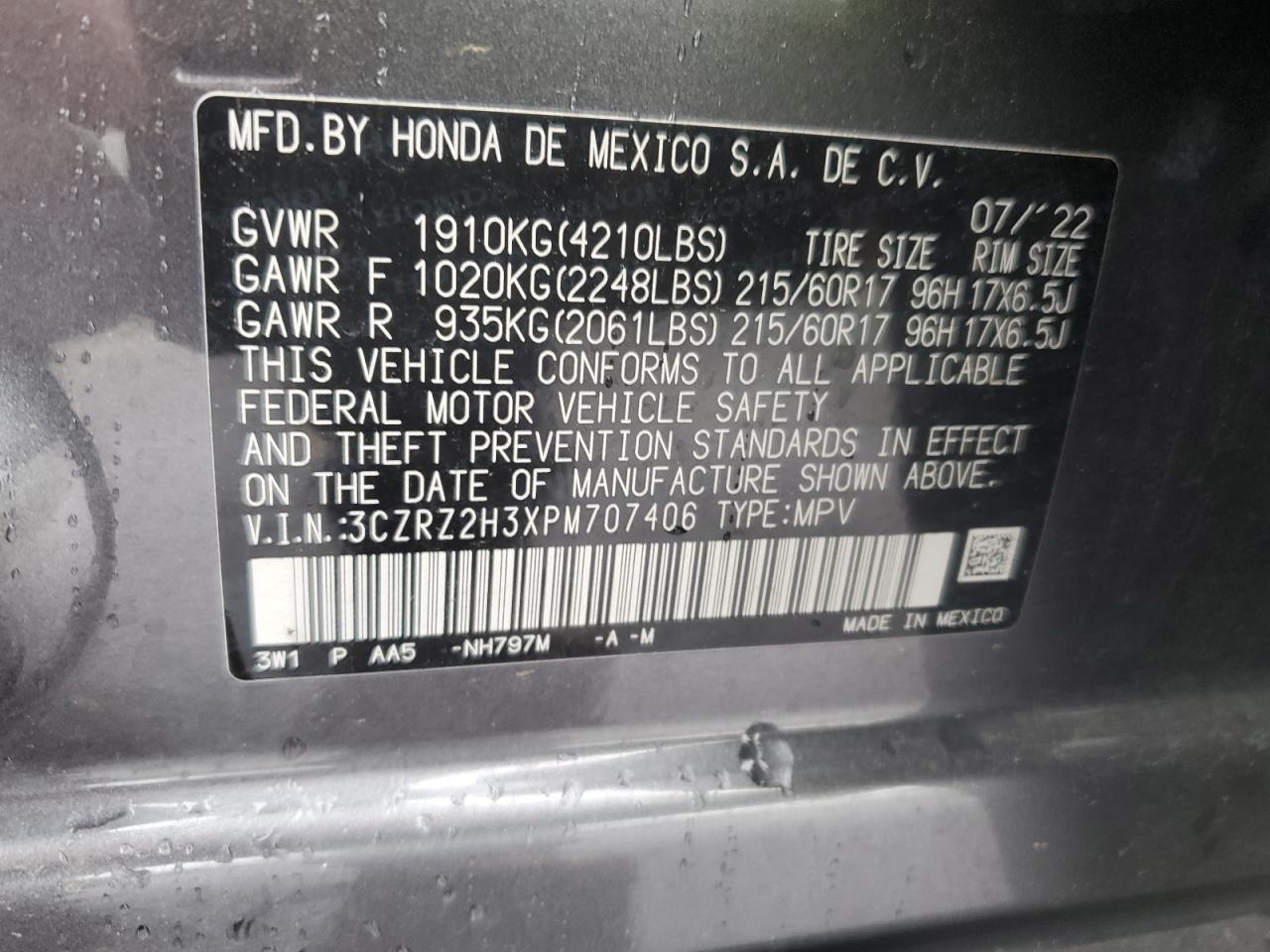2023 HONDA HR-V LX VIN:3CZRZ2H3XPM707406