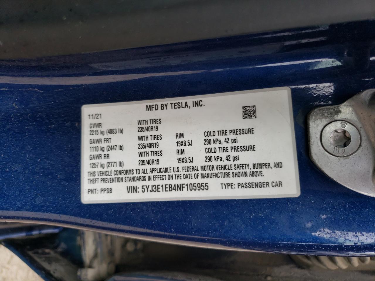 2022 TESLA MODEL 3 VIN:5YJ3E1EB4NF105955