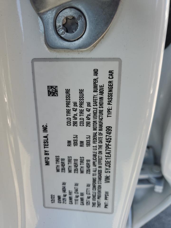 2023 TESLA MODEL 3 VIN:5YJ3E1EA7PF457499