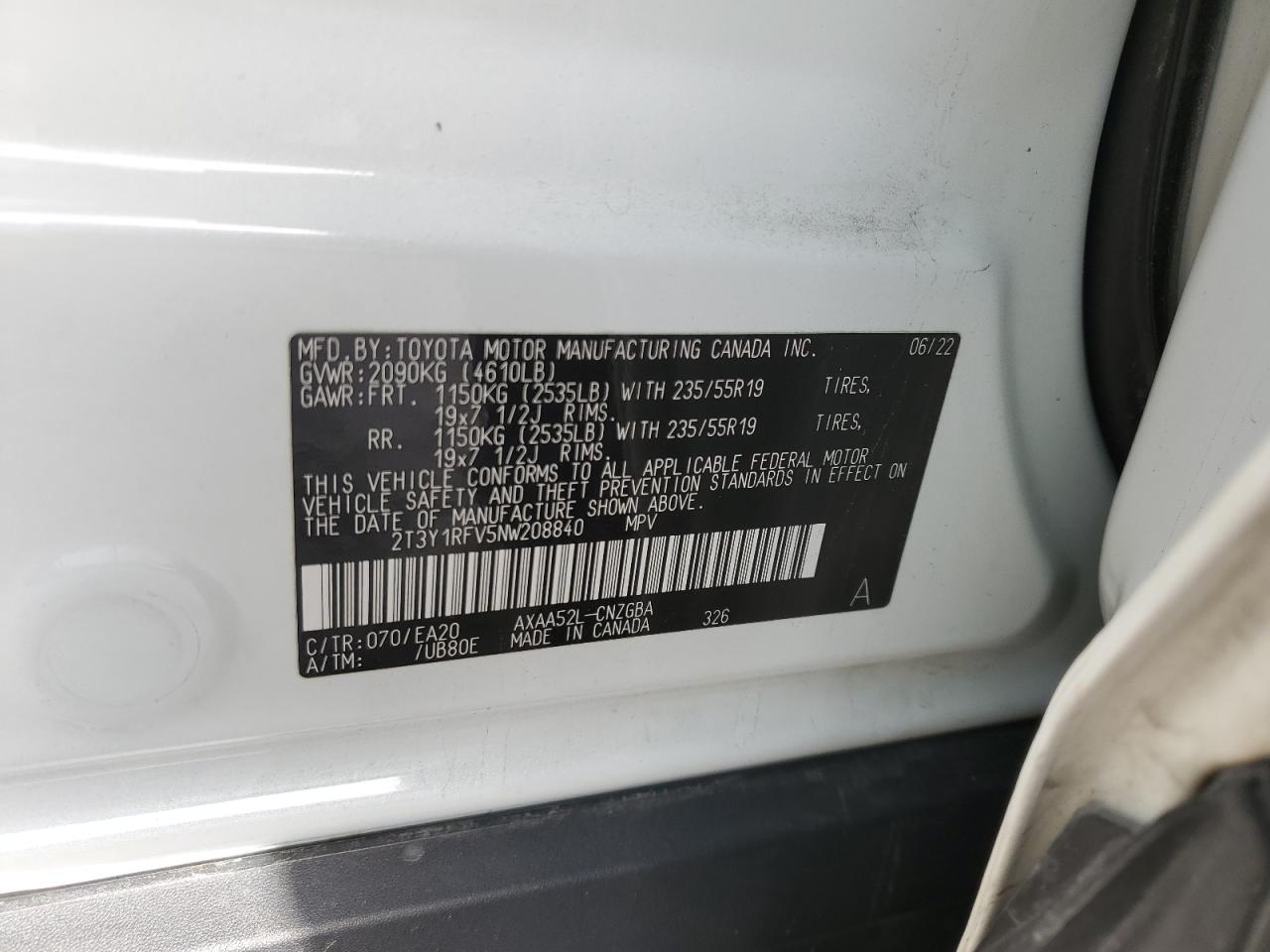 2022 TOYOTA RAV4 LIMITED VIN:2T3Y1RFV5NW208840