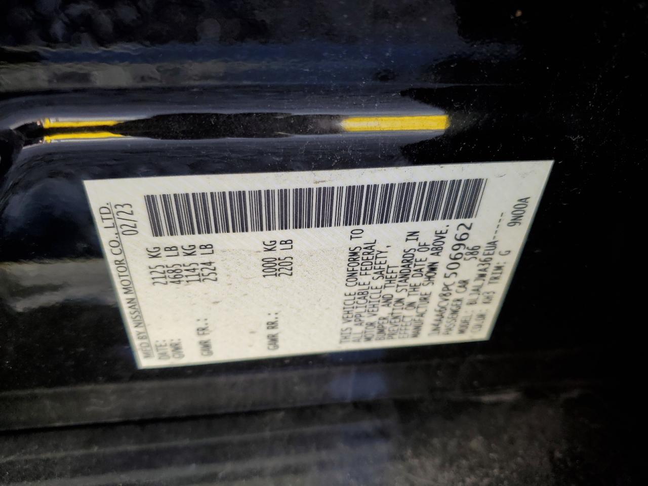 2023 NISSAN MAXIMA SV VIN:1N4AA6CV8PC506962