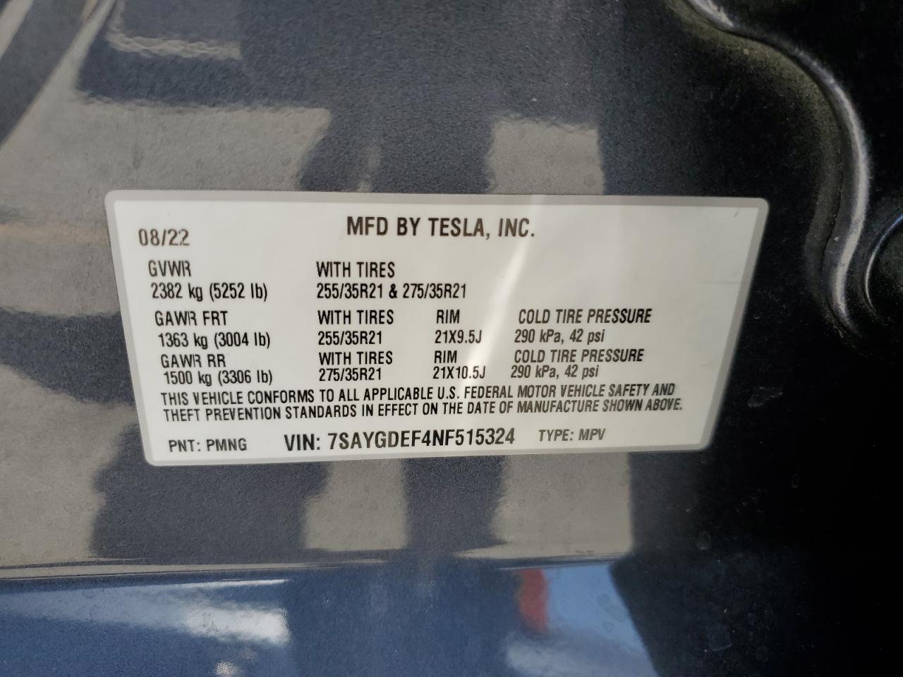 2022 TESLA MODEL Y VIN:7SAYGDEF4NF515324