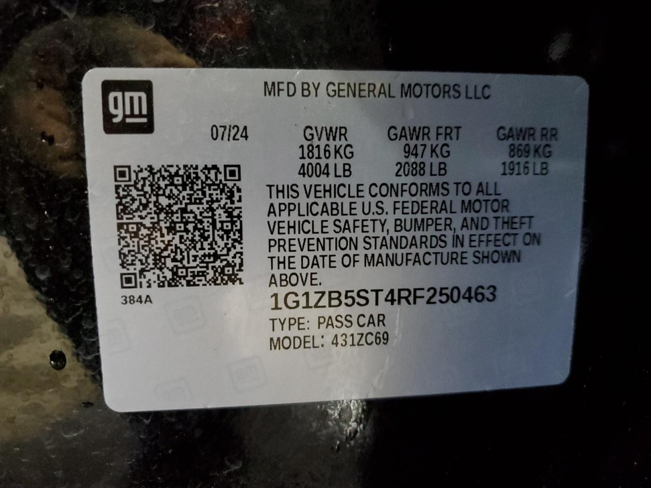 2024 CHEVROLET MALIBU LS VIN:1G1ZB5ST4RF250463