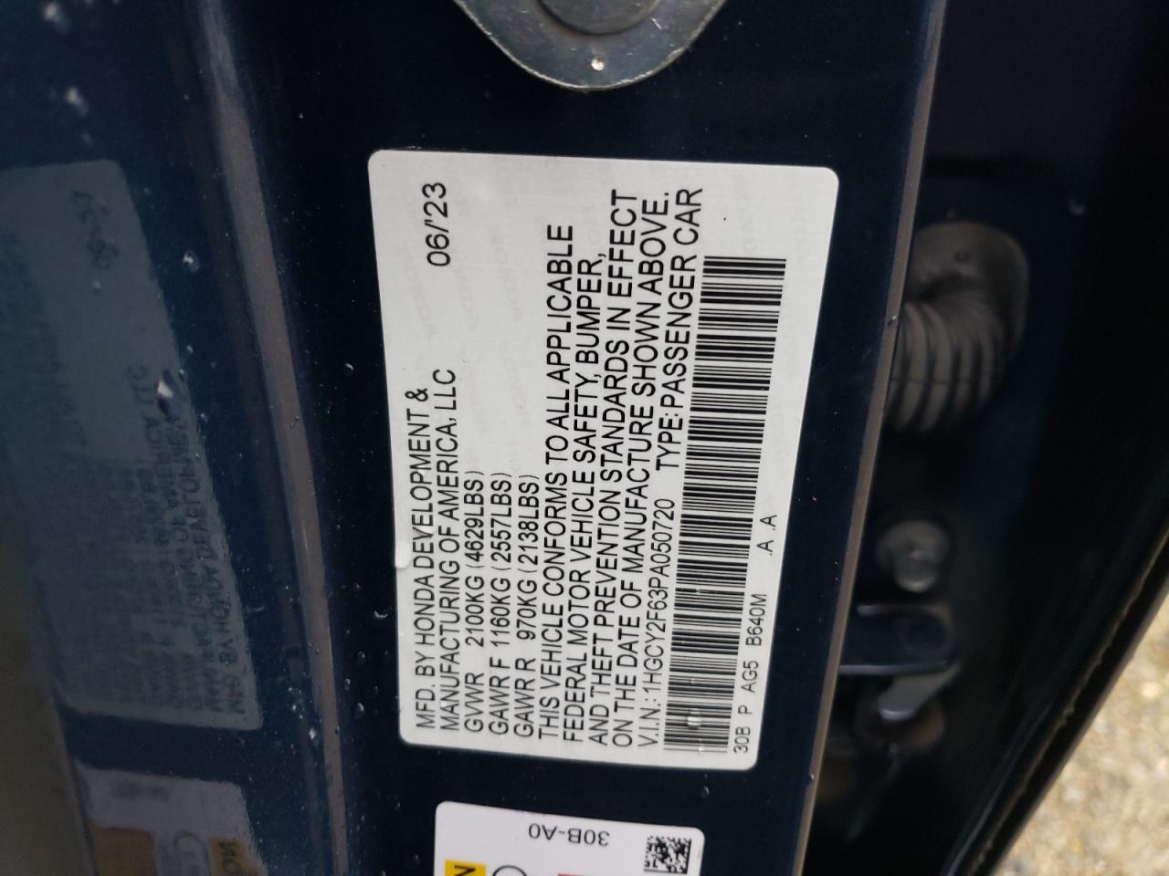 2023 HONDA ACCORD HYBRID EXL VIN:1HGCY2F63PA050720