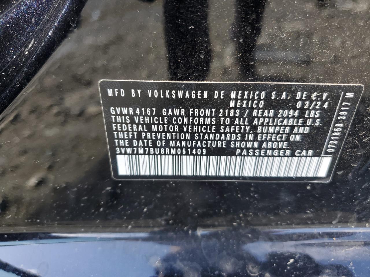 2024 VOLKSWAGEN JETTA SE VIN:3VW7M7BU8RM051409