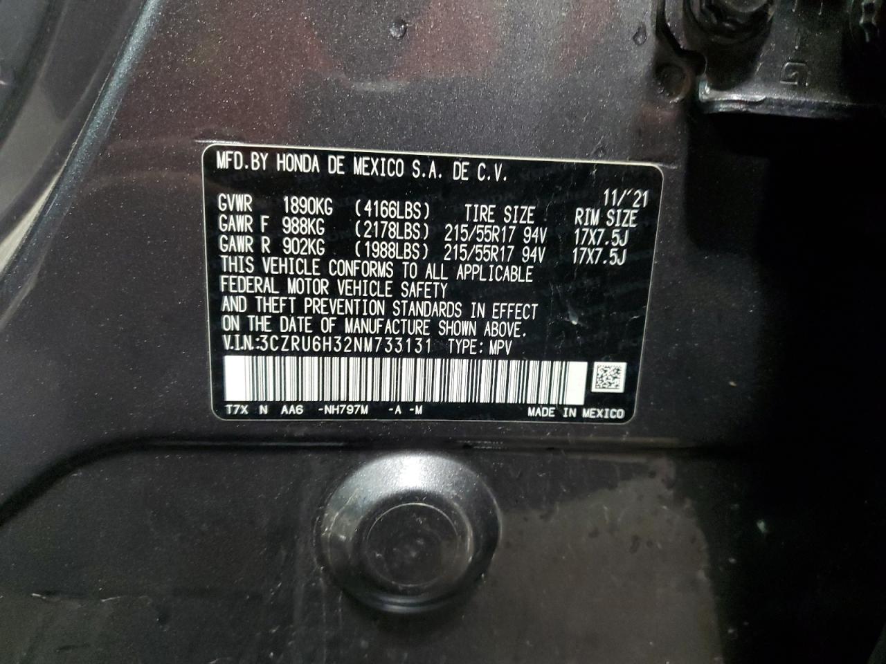 2022 HONDA HR-V LX VIN:3CZRU6H32NM733131