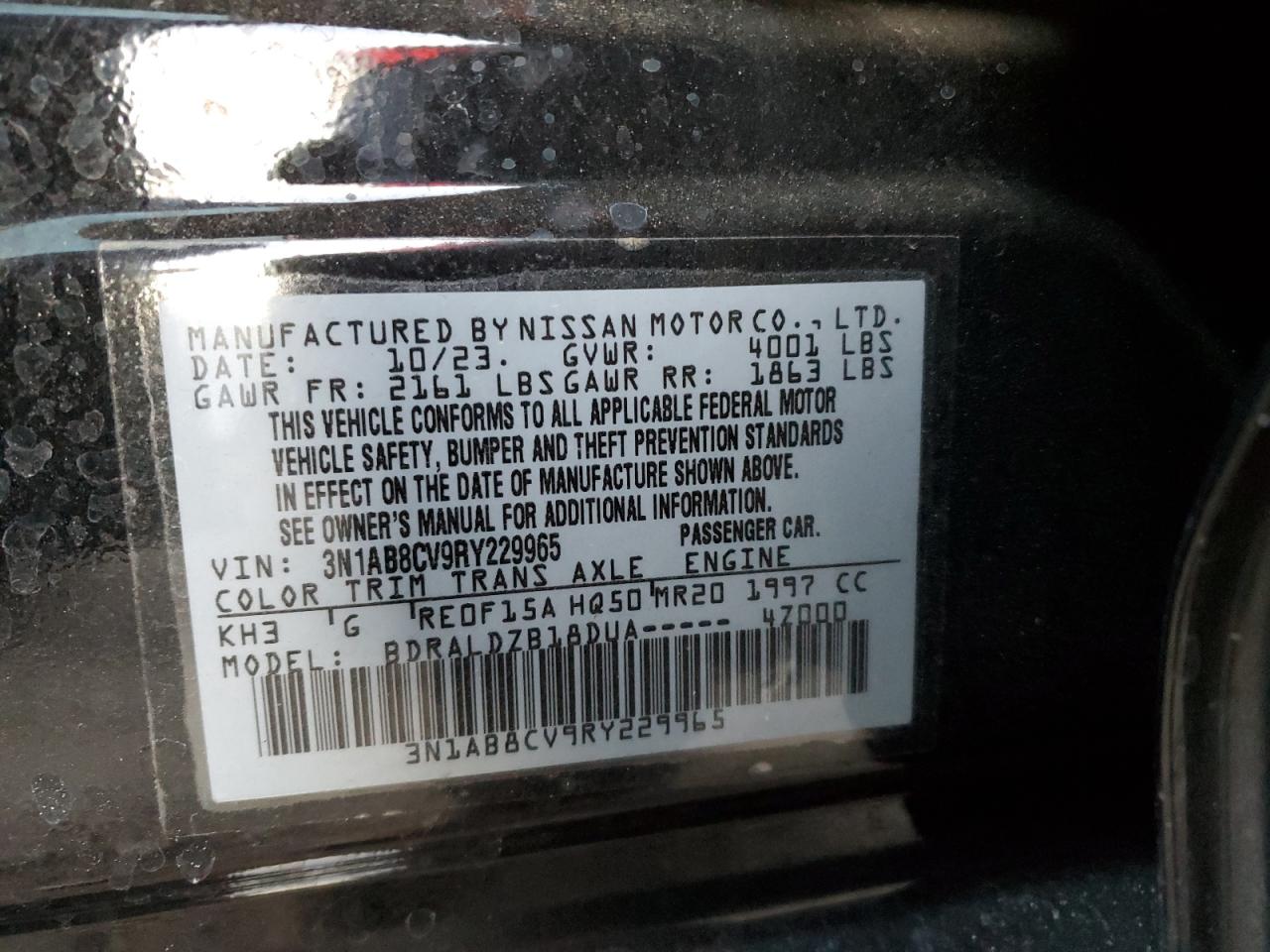 2024 NISSAN SENTRA SV VIN:3N1AB8CV9RY229965