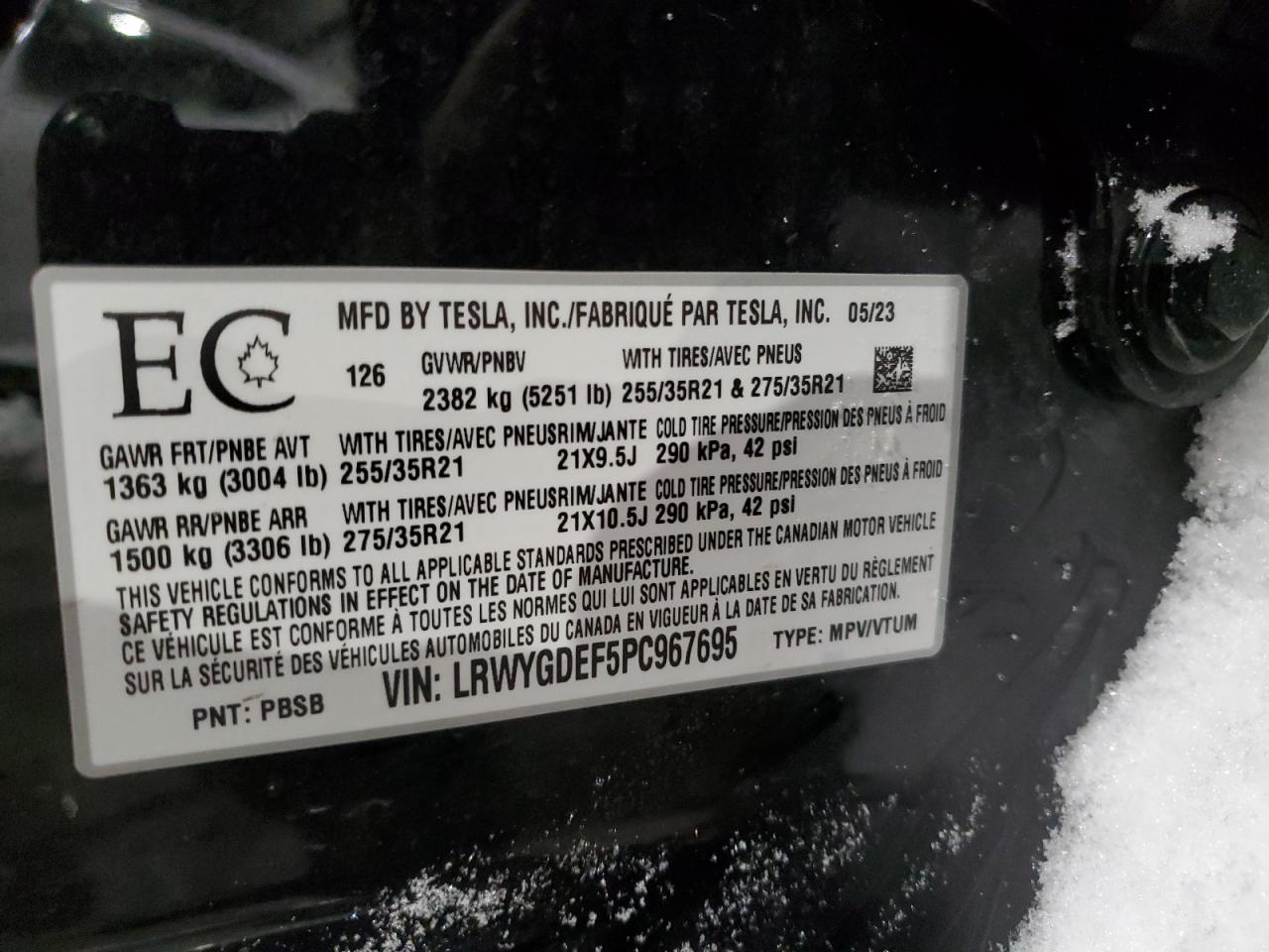 2023 TESLA MODEL Y VIN:LRWYGDEF5PC967695