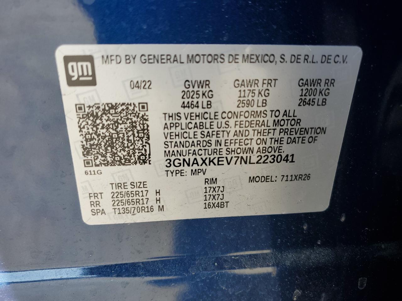 2022 CHEVROLET EQUINOX LT VIN:3GNAXKEV7NL223041