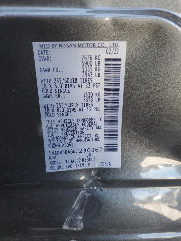 2022 NISSAN PATHFINDER SV VIN:WP0AA2A8XNS255297