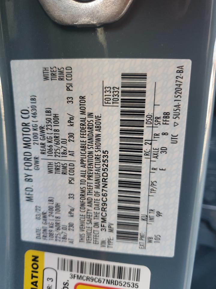 2022 FORD BRONCO SPORT OUTER BANKS VIN:3FMCR9C67NRD52535
