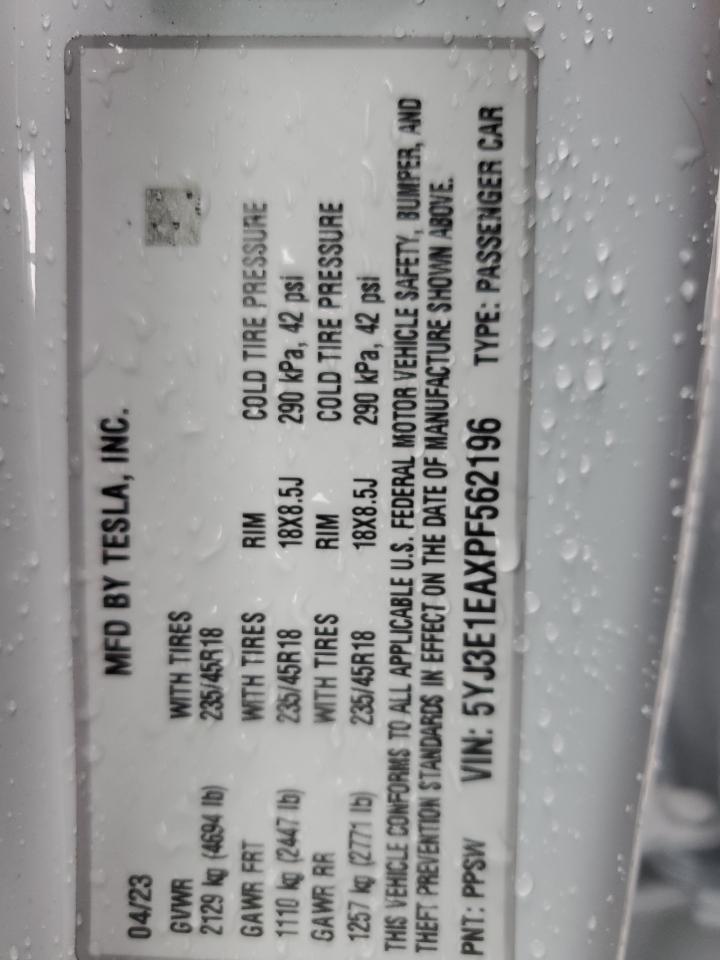 2023 TESLA MODEL 3 VIN:5YJ3E1EAXPF562196