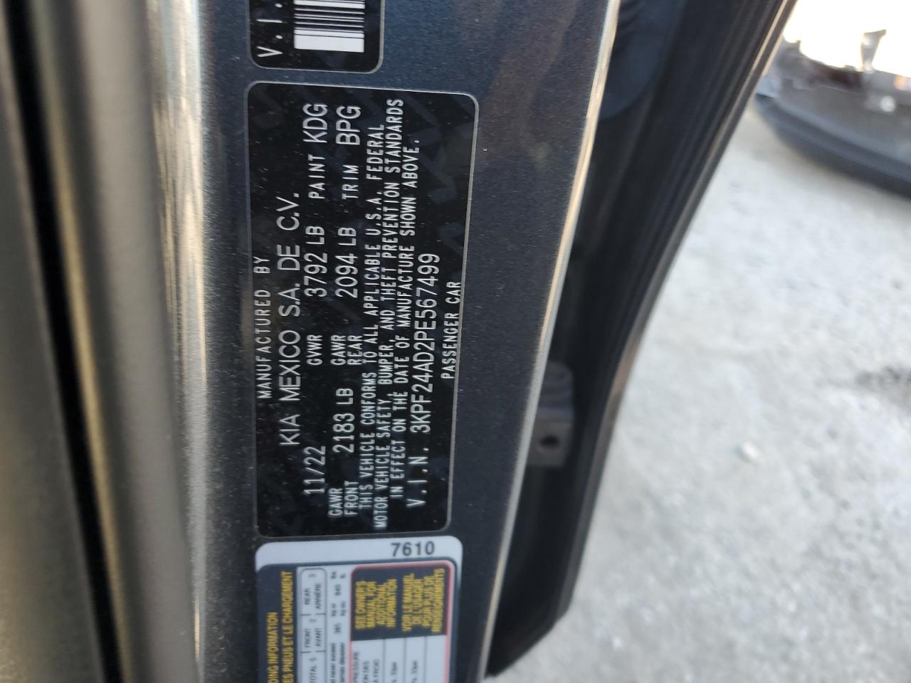2023 KIA FORTE LX VIN:3KPF24AD2PE567499