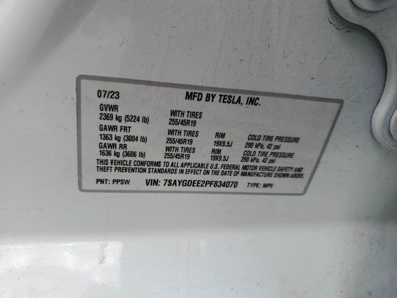 2023 TESLA MODEL Y VIN:7SAYGDEE2PF834070