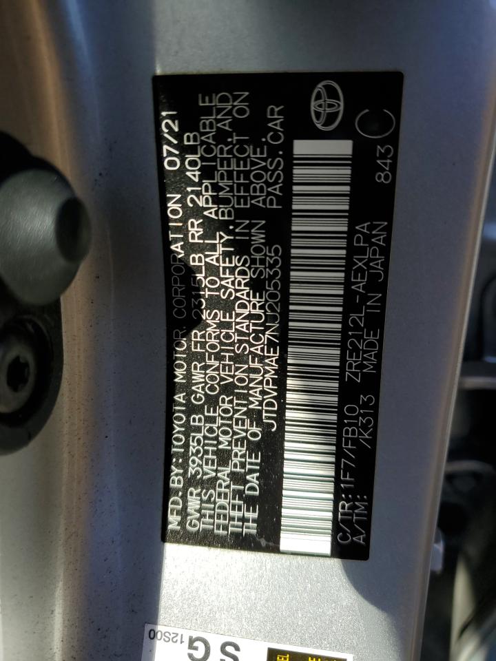 2022 TOYOTA COROLLA LE VIN:JTDVPMAE7NJ205335