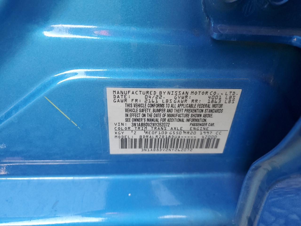 2022 NISSAN SENTRA SR VIN:3N1AB8DV2NY262072
