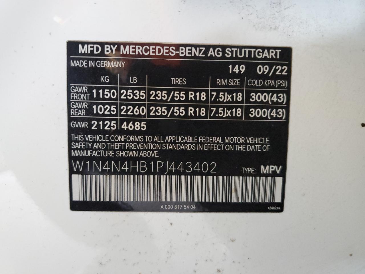 2023 MERCEDES-BENZ GLA 250 4MATIC VIN:W1N4N4HB1PJ443402