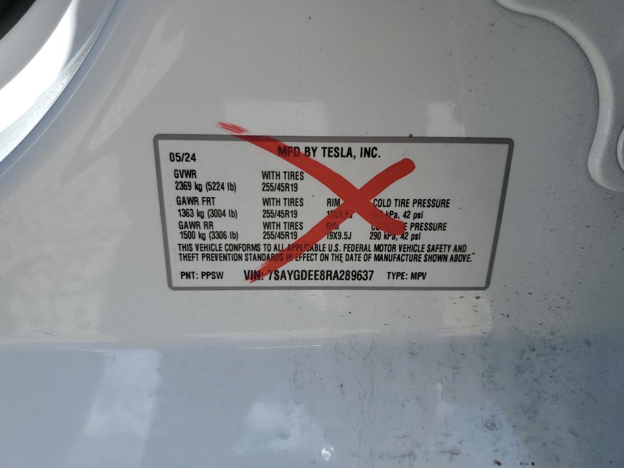 2024 TESLA MODEL Y VIN:7SAYGDEE8RA289637