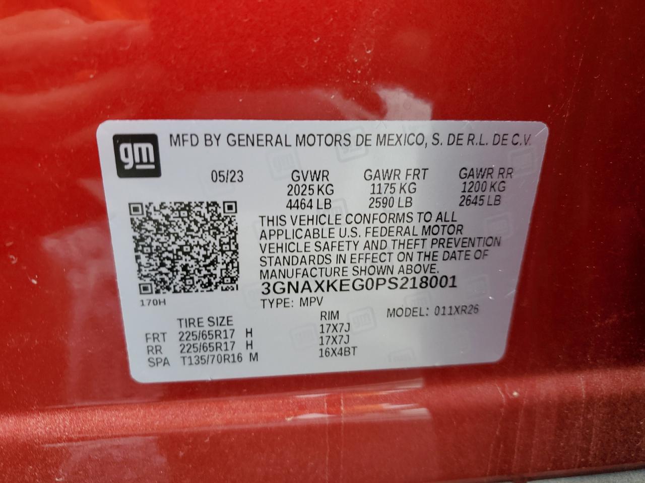 2023 CHEVROLET EQUINOX LT VIN:3GNAXKEG0PS218001