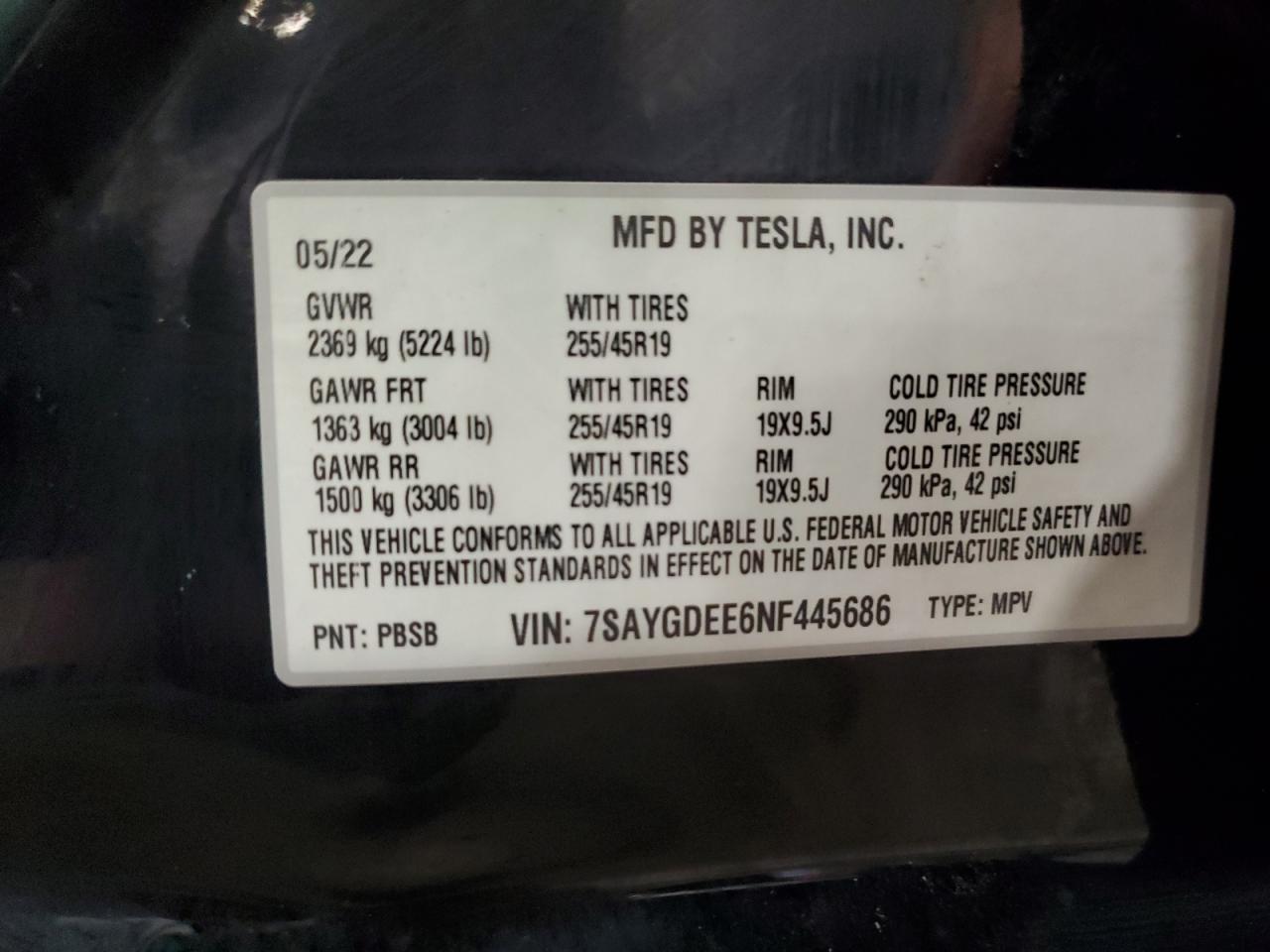 2022 TESLA MODEL Y VIN:7SAYGDEE6NF445686