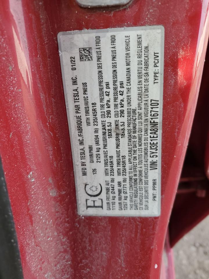 2022 TESLA MODEL 3 VIN:5YJ3E1EA8NF167107