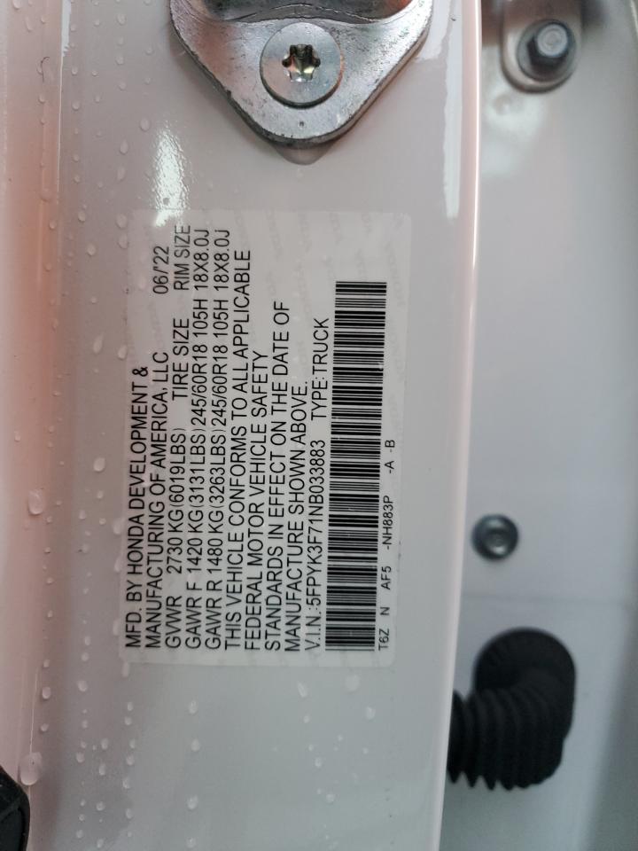 2022 HONDA RIDGELINE RTL VIN:5FPYK3F71NB033883