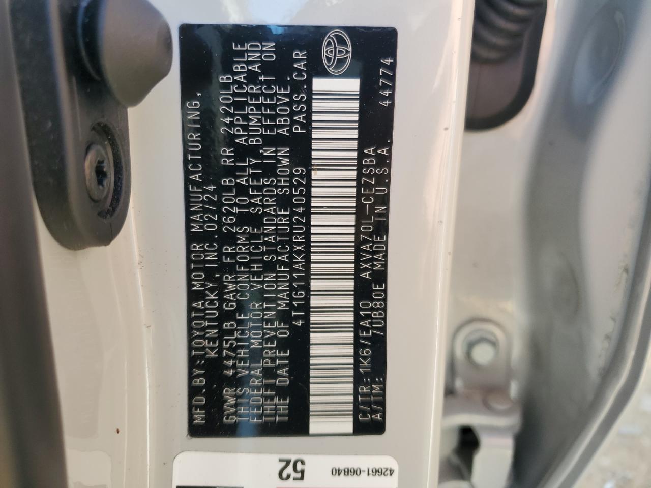 2024 TOYOTA CAMRY SE NIGHT SHADE VIN:4T1G11AKXRU240529